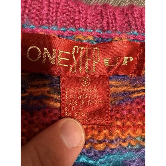 Vintage One Step Up Mohair Blend Sweater S Bright Geometric 80s 90s Bold Knit - Picture 2 of 4